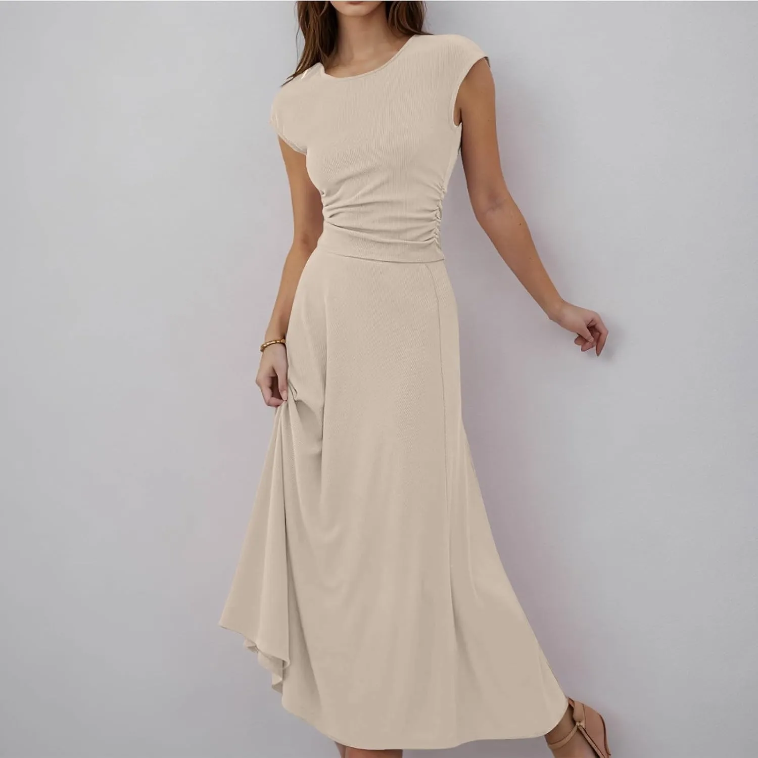 Summer Two Piece Sets For Women Short Sleeve Cropped Tops And Pleated Midi Skirt Lounge Sets Solid Travel Lounge Sets