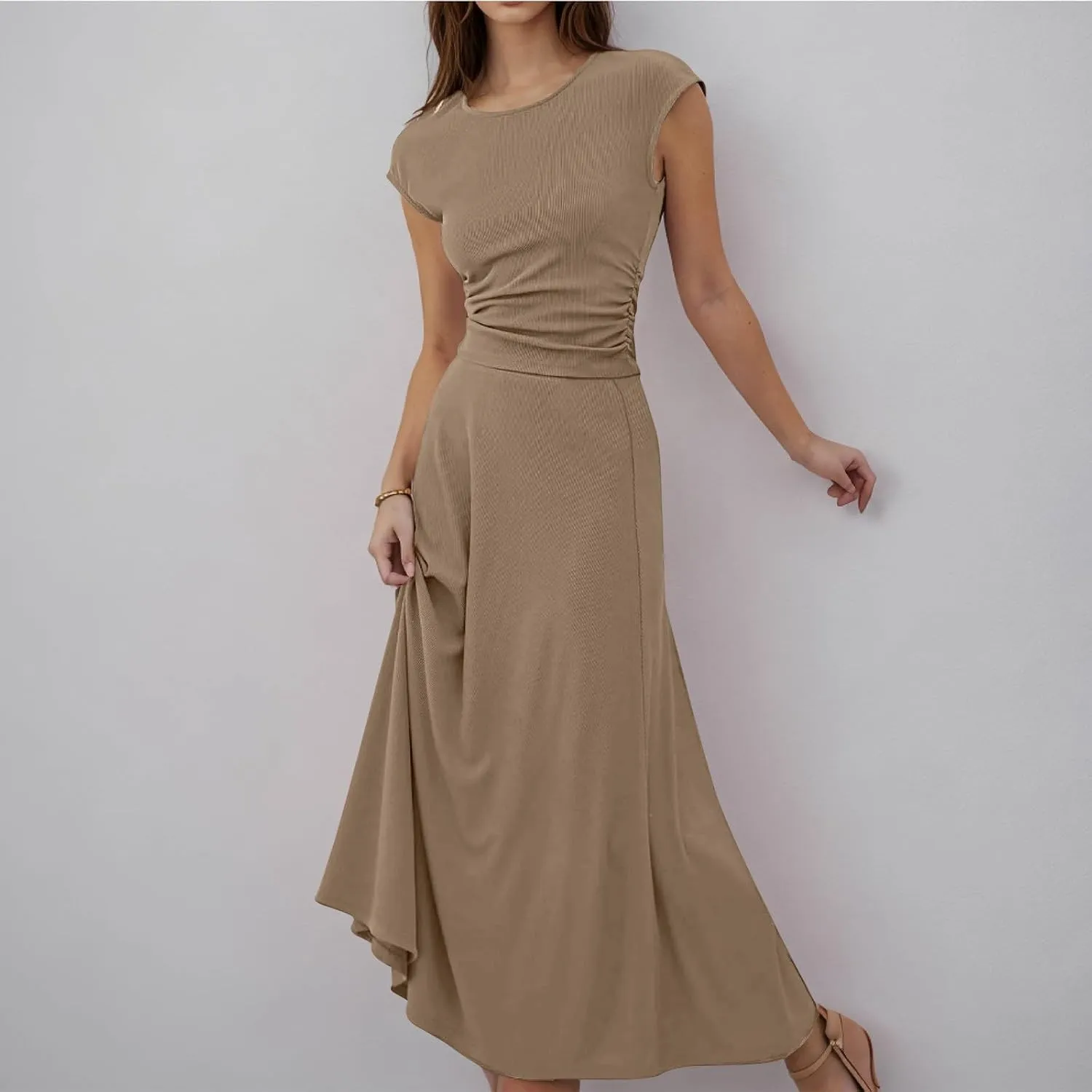 Summer Two Piece Sets For Women Short Sleeve Cropped Tops And Pleated Midi Skirt Lounge Sets Solid Travel Lounge Sets