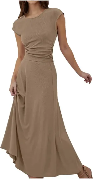 Summer Two Piece Sets For Women Short Sleeve Cropped Tops And Pleated Midi Skirt Lounge Sets Solid Travel Lounge Sets