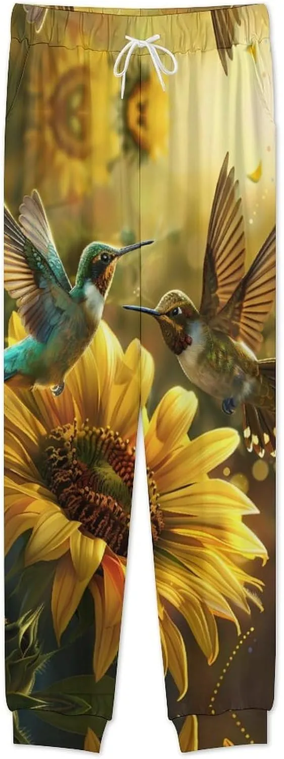 Sunflower Hummingbirds Men's Pajama Set Casual Sleepwear Pjs Set Crewneck Shirts And Bottoms Comfy Loungewear