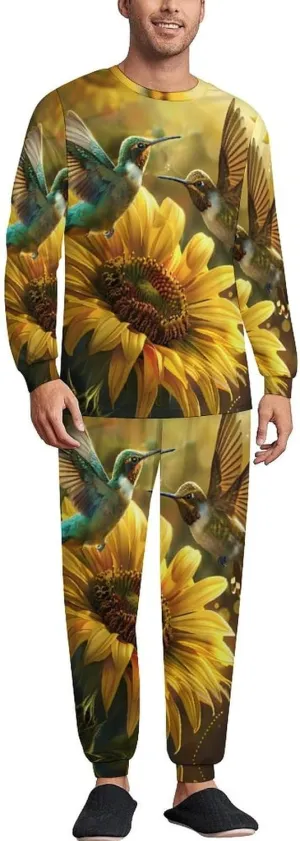 Sunflower Hummingbirds Men's Pajama Set Casual Sleepwear Pjs Set Crewneck Shirts And Bottoms Comfy Loungewear