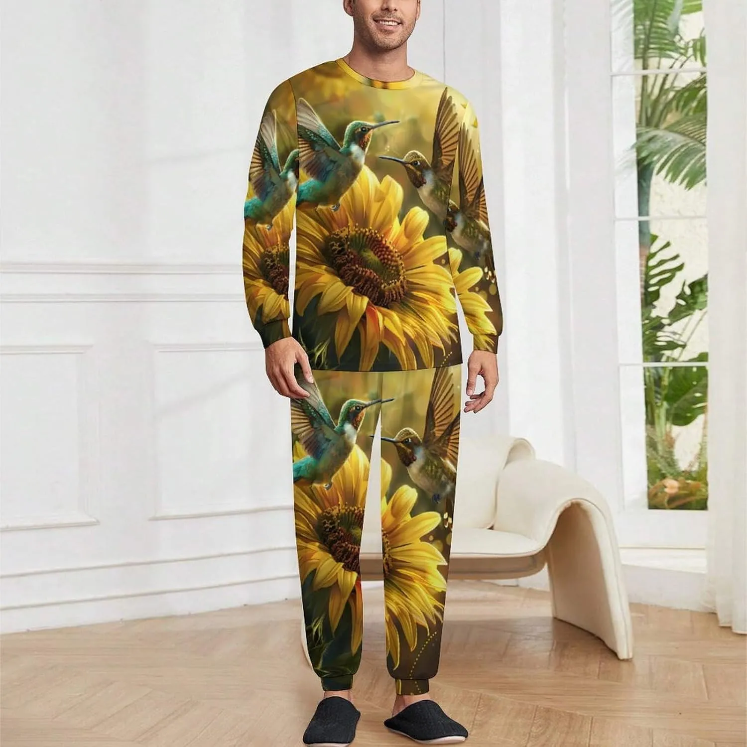 Sunflower Hummingbirds Men's Pajama Set Casual Sleepwear Pjs Set Crewneck Shirts And Bottoms Comfy Loungewear