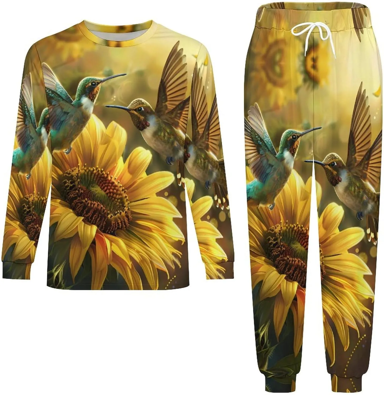 Sunflower Hummingbirds Men's Pajama Set Casual Sleepwear Pjs Set Crewneck Shirts And Bottoms Comfy Loungewear