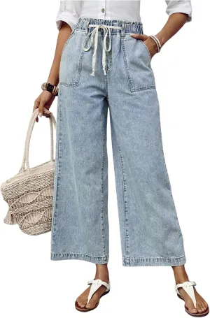 SweatyRocks Women's Drawstring High Waist Wide Leg Casual Baggy Jeans Loose Denim Pants
