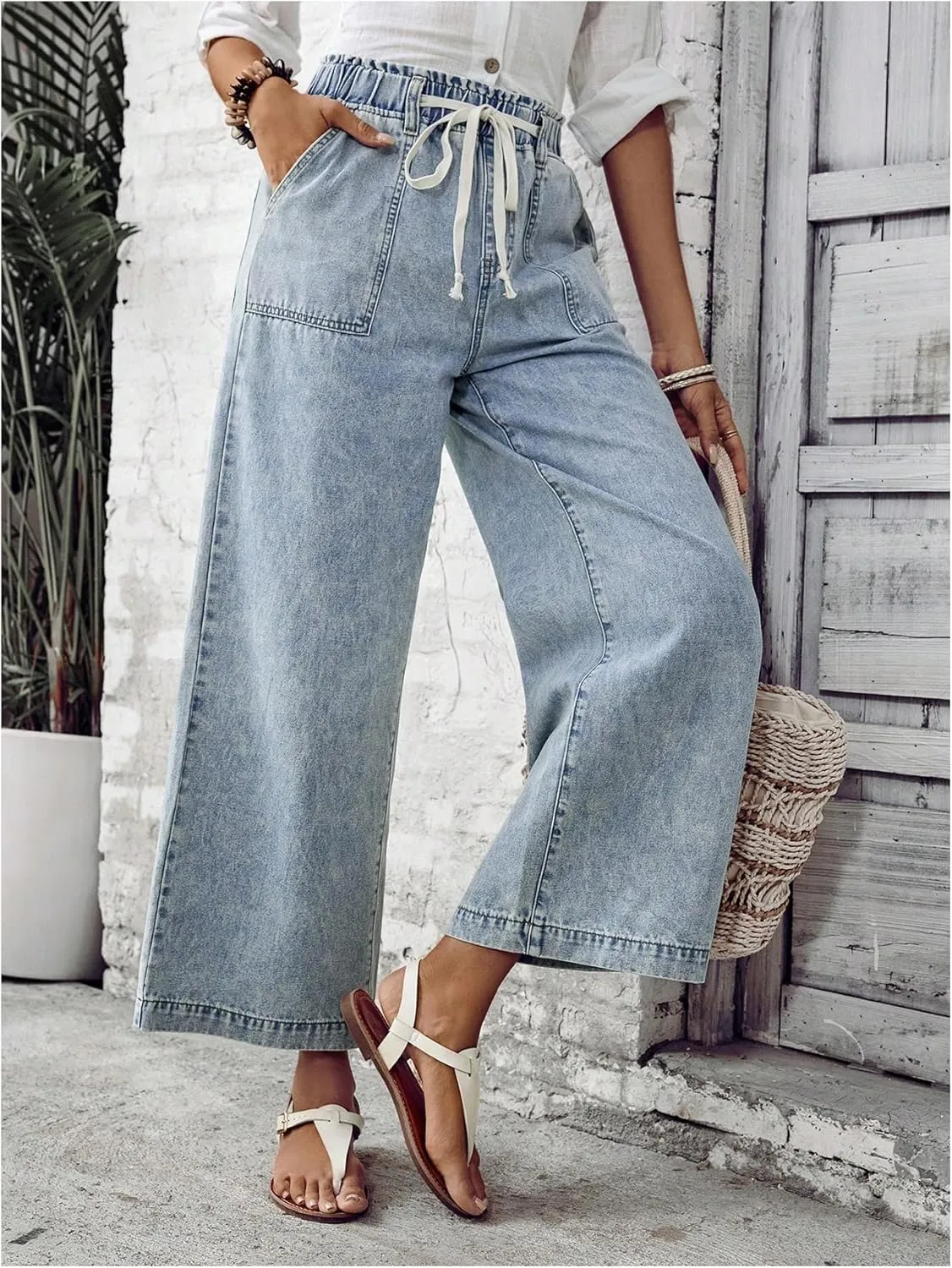 SweatyRocks Women's Drawstring High Waist Wide Leg Casual Baggy Jeans Loose Denim Pants