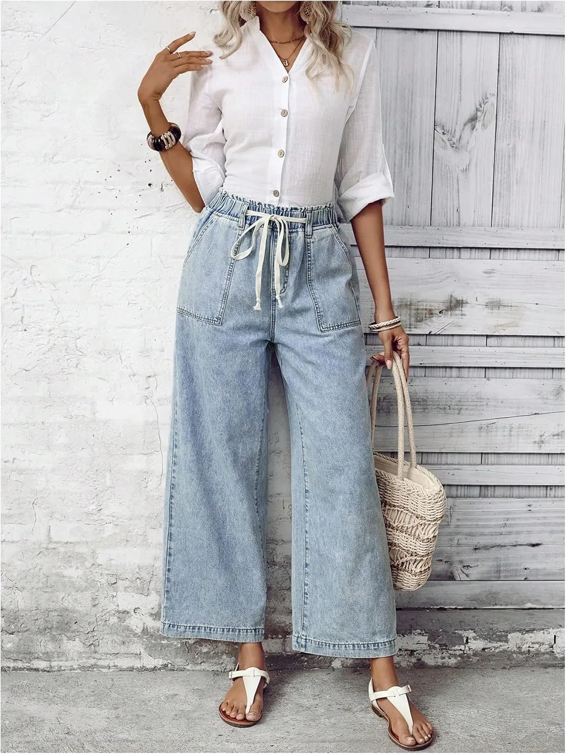 SweatyRocks Women's Drawstring High Waist Wide Leg Casual Baggy Jeans Loose Denim Pants