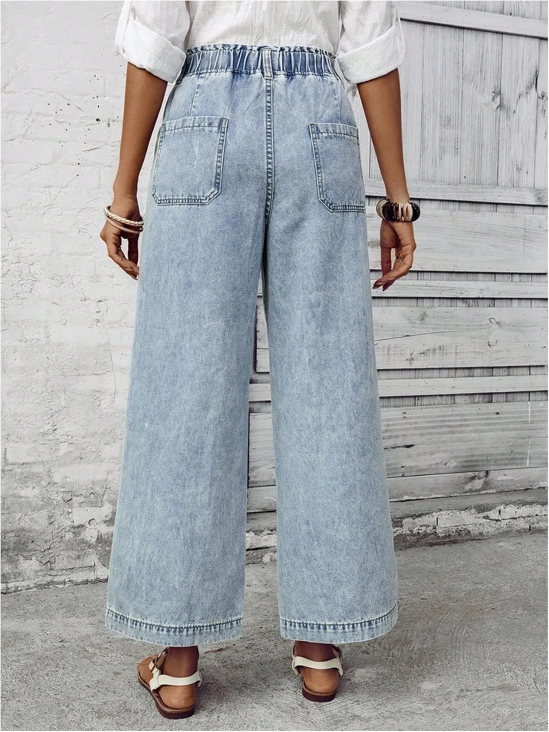 SweatyRocks Women's Drawstring High Waist Wide Leg Casual Baggy Jeans Loose Denim Pants
