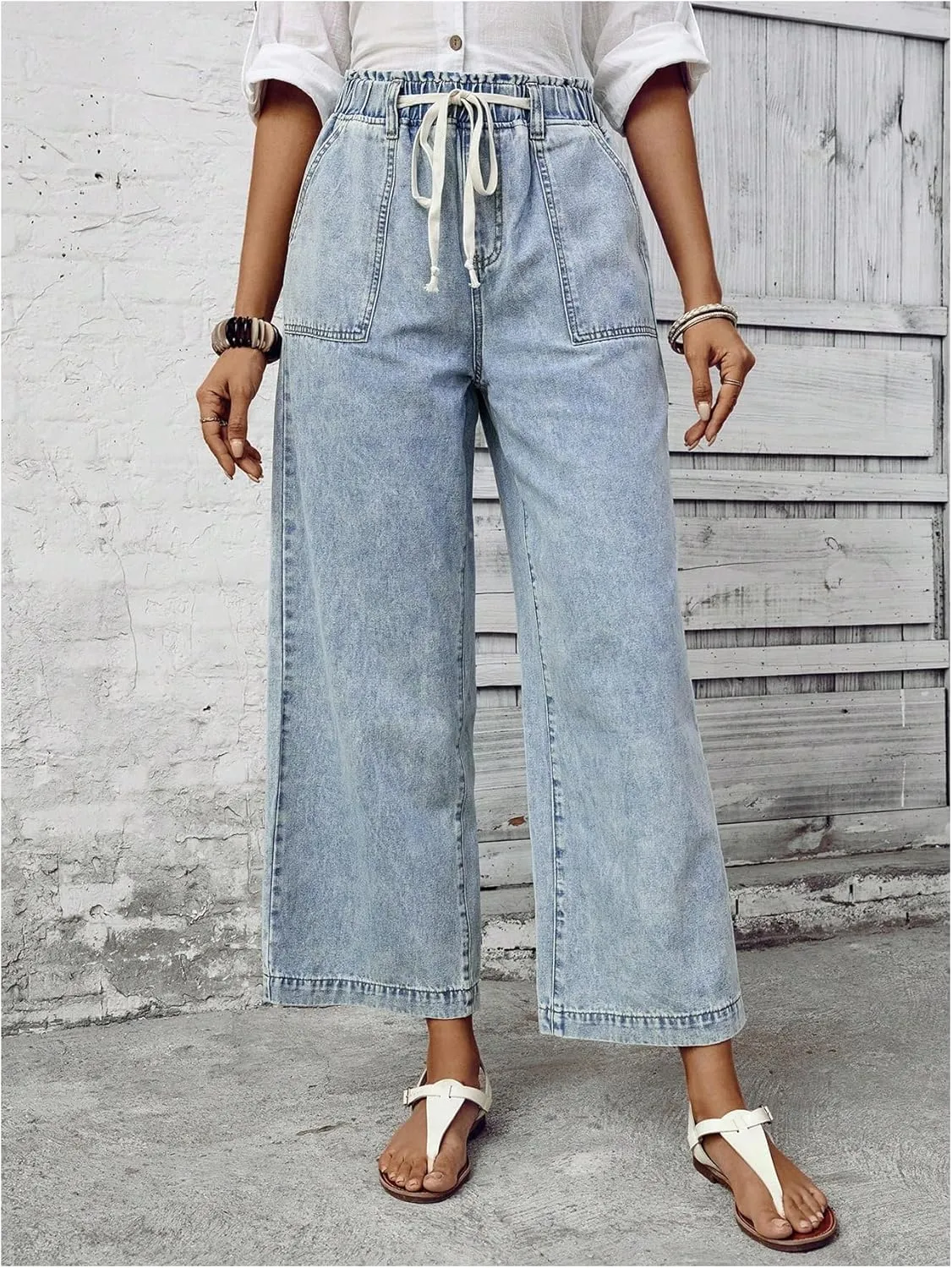 SweatyRocks Women's Drawstring High Waist Wide Leg Casual Baggy Jeans Loose Denim Pants