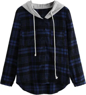 SweatyRocks Women's Long Sleeve Plaid Hoodie Jacket Button Down Blouse Tops