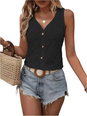 SweatyRocks Women's Solid Button Front Eyelet Tank V Neck Sleeveless Tops