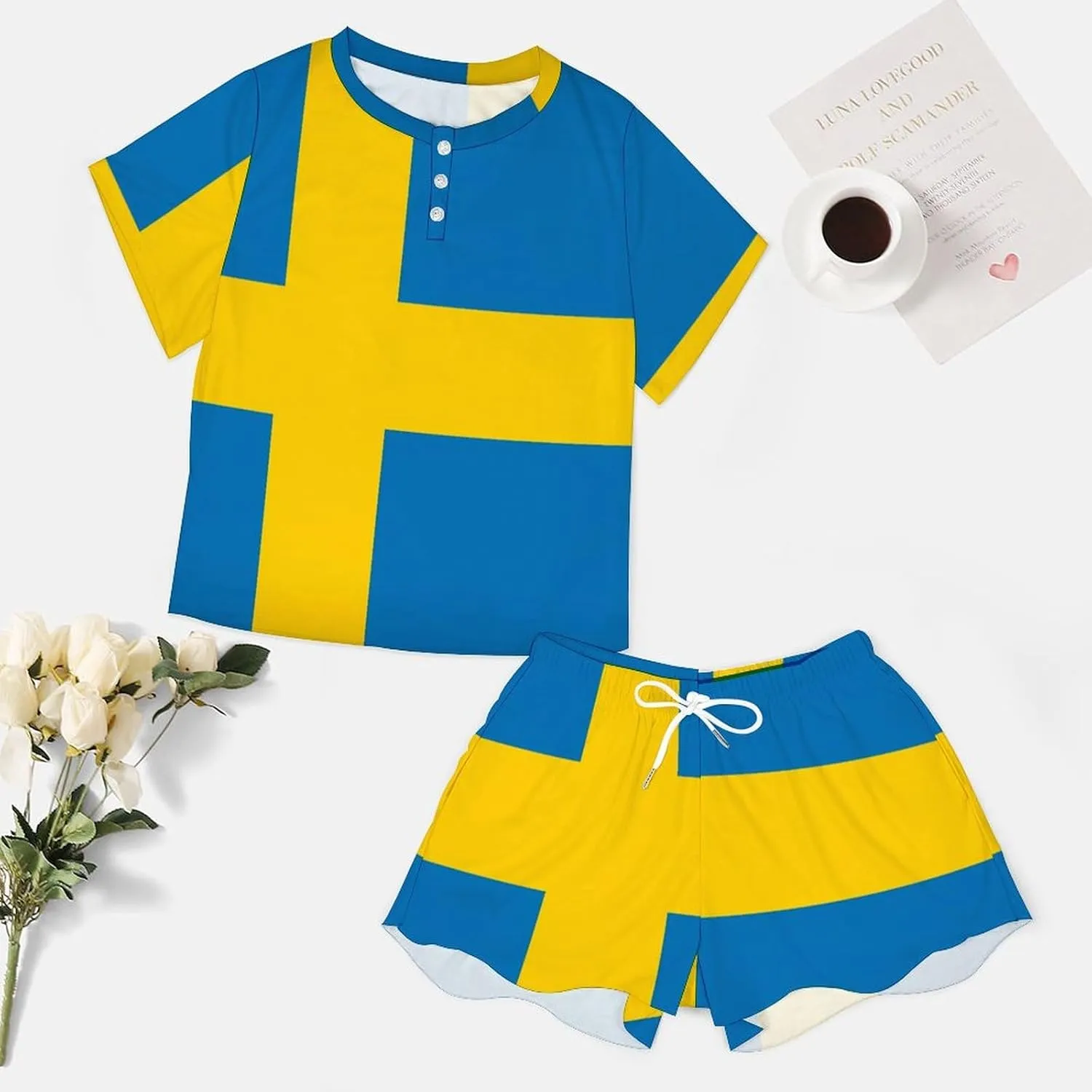 Sweden Flag Pajamas for Women Set Button Down Loungewear Short Sleeve Pjs Lounge Set Soft Comfy 2 Piece