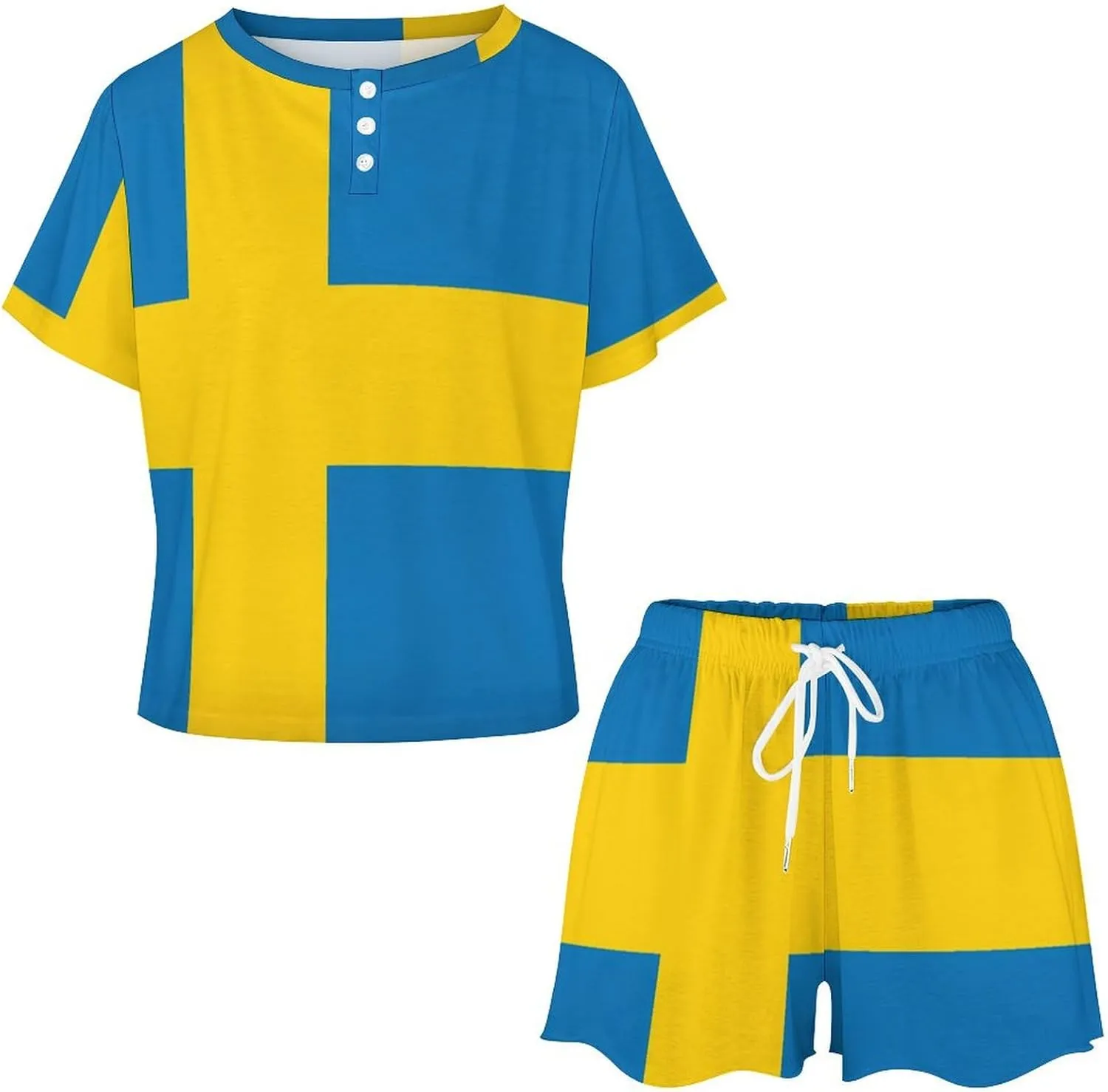 Sweden Flag Pajamas for Women Set Button Down Loungewear Short Sleeve Pjs Lounge Set Soft Comfy 2 Piece