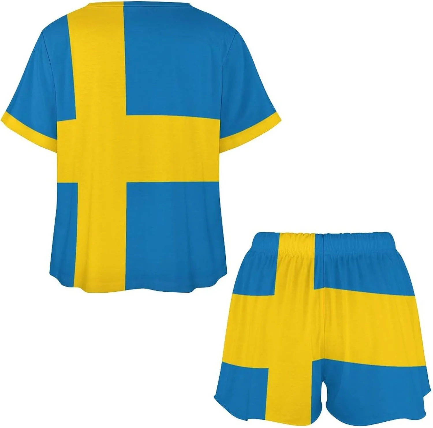 Sweden Flag Pajamas for Women Set Button Down Loungewear Short Sleeve Pjs Lounge Set Soft Comfy 2 Piece