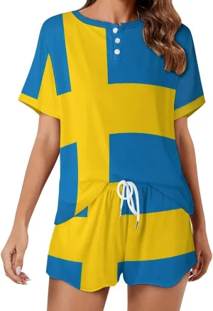 Sweden Flag Pajamas for Women Set Button Down Loungewear Short Sleeve Pjs Lounge Set Soft Comfy 2 Piece