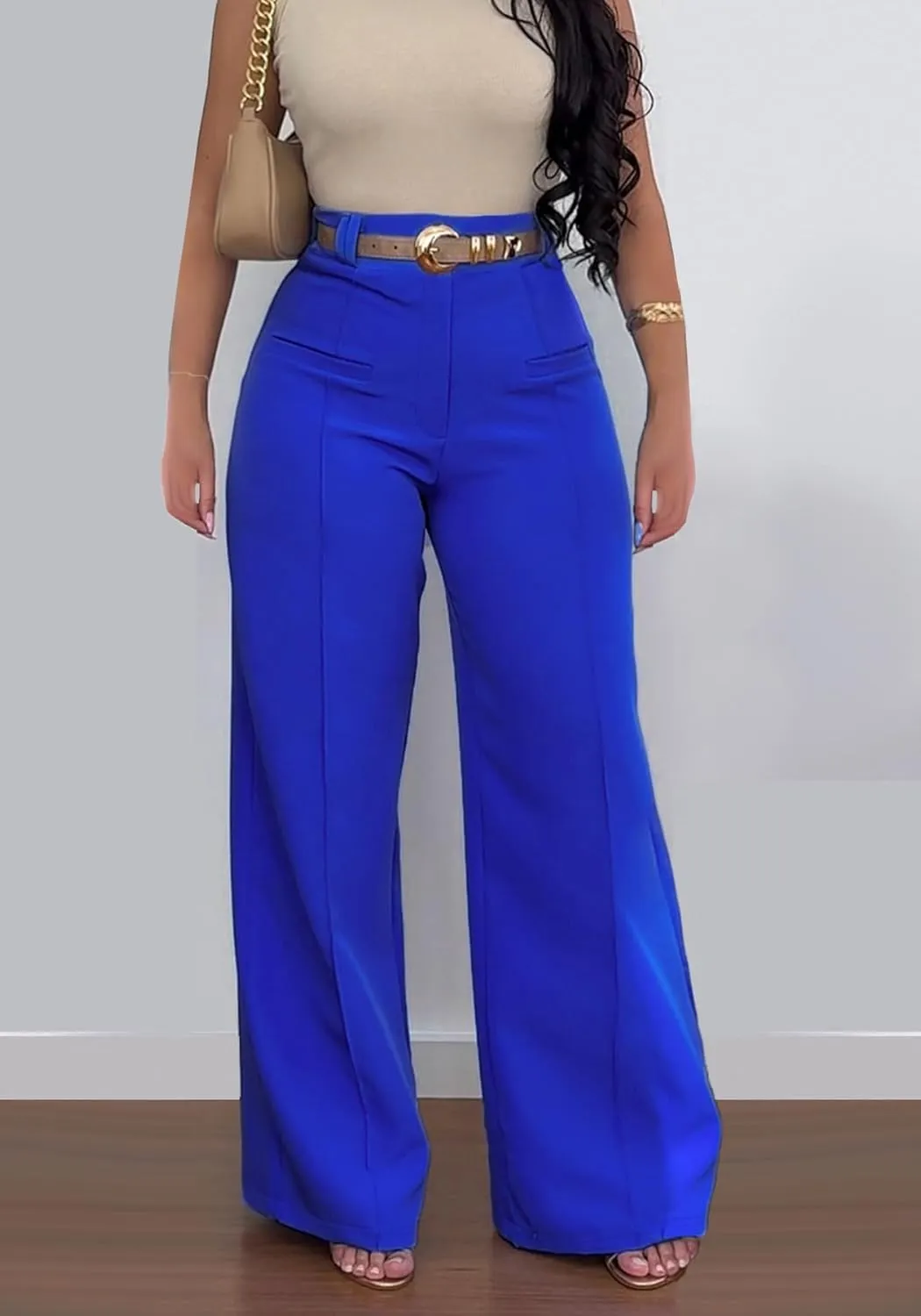 Tcremisa Women's Dressy Wide Leg Long Palazzo Pants Casual Straight Legs Loose High Waist Trousers(No Belt)