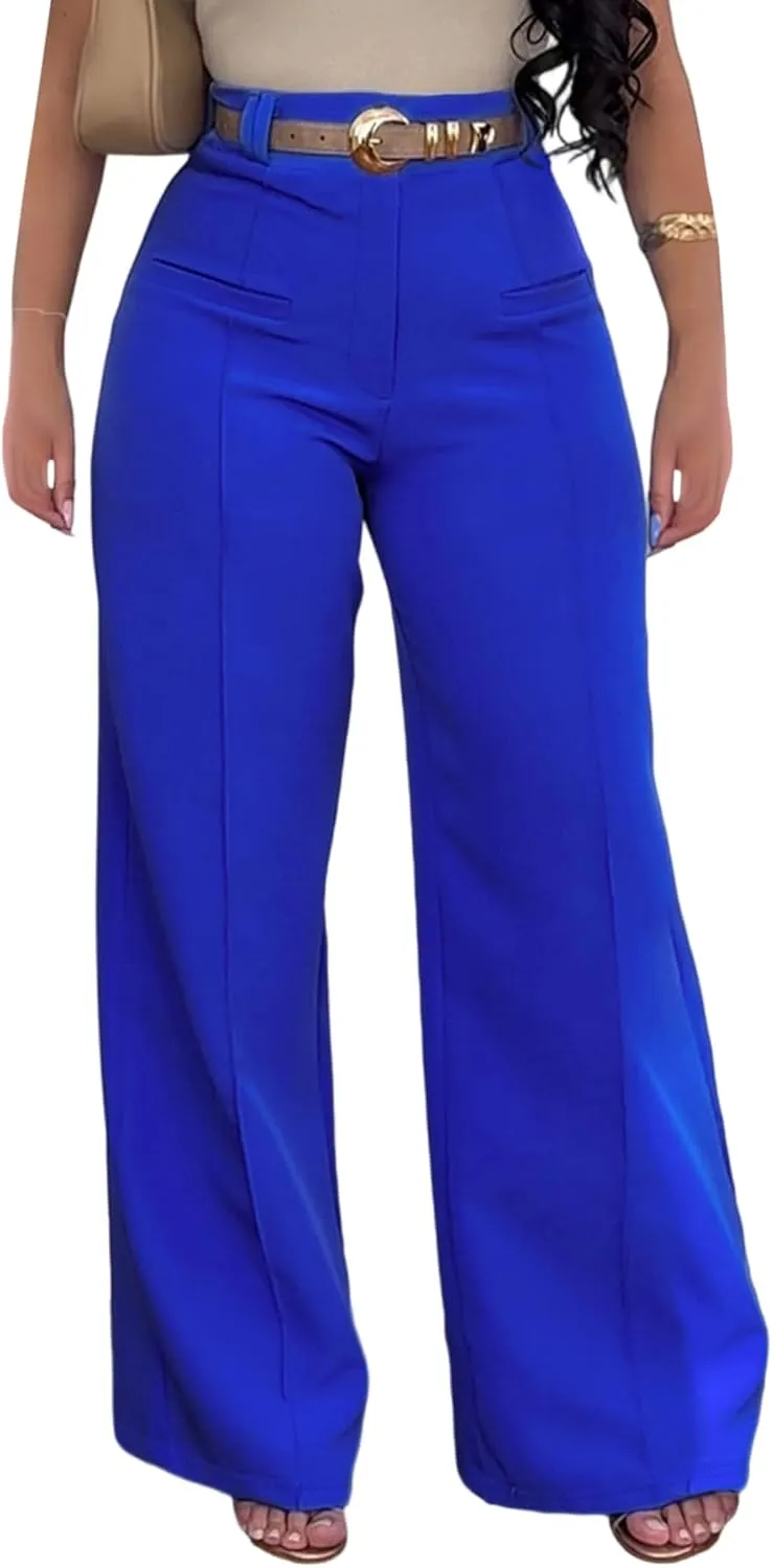 Tcremisa Women's Dressy Wide Leg Long Palazzo Pants Casual Straight Legs Loose High Waist Trousers(No Belt)