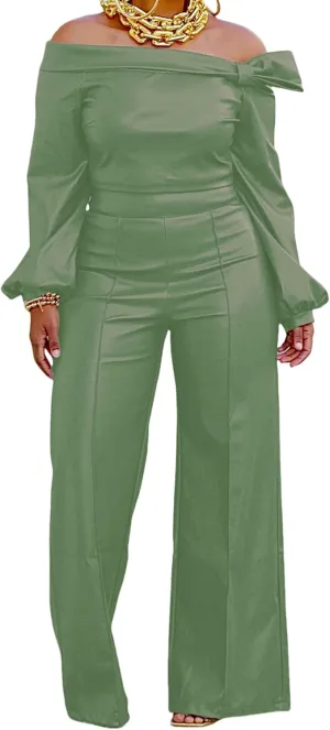 Tcremisa Women's Faux Leather 2 Piece Outfits Sexy Long Sleeve Off Shoulder Crop Tops and Pu Wide Leg Pants Set