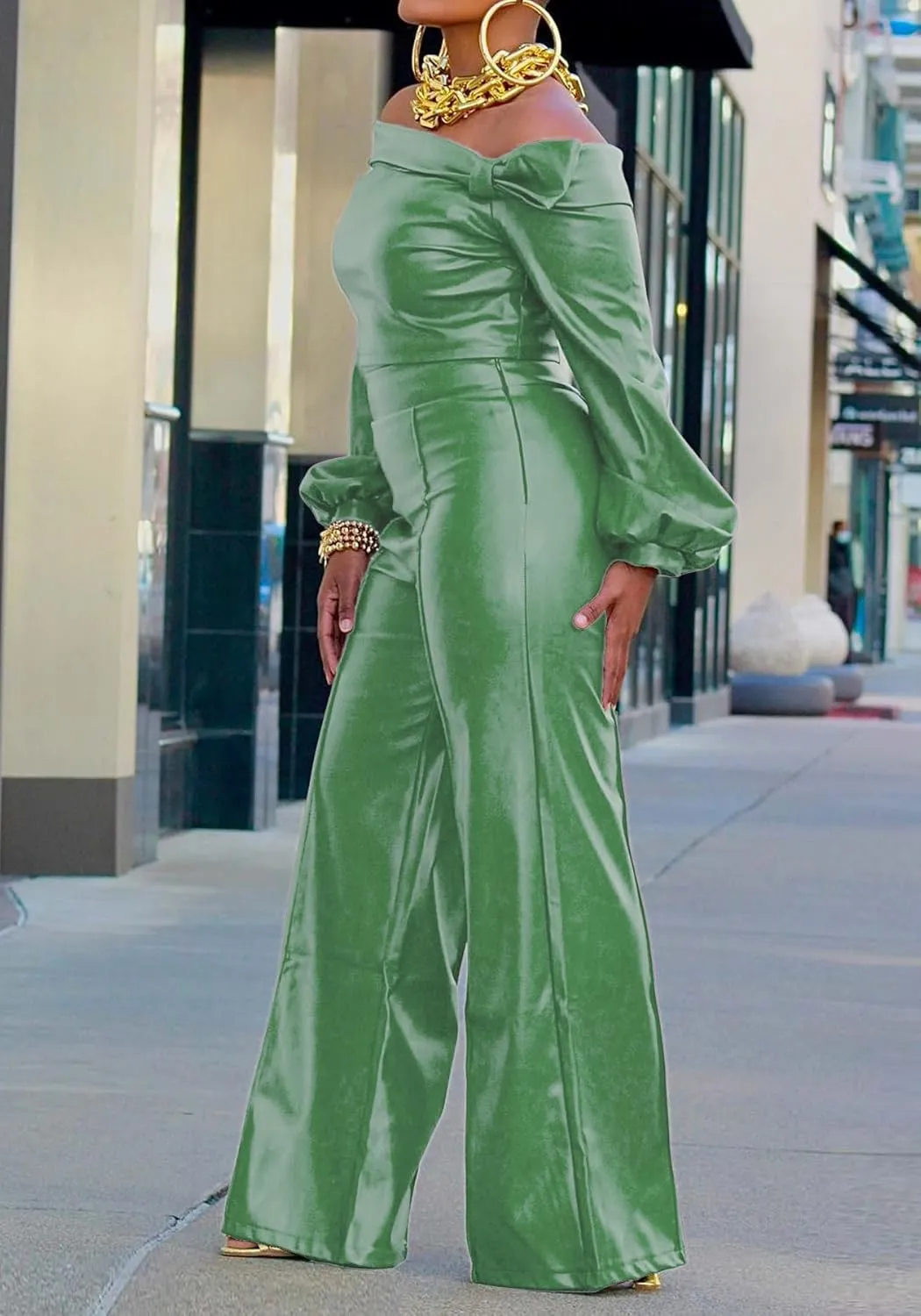 Tcremisa Women's Faux Leather 2 Piece Outfits Sexy Long Sleeve Off Shoulder Crop Tops and Pu Wide Leg Pants Set