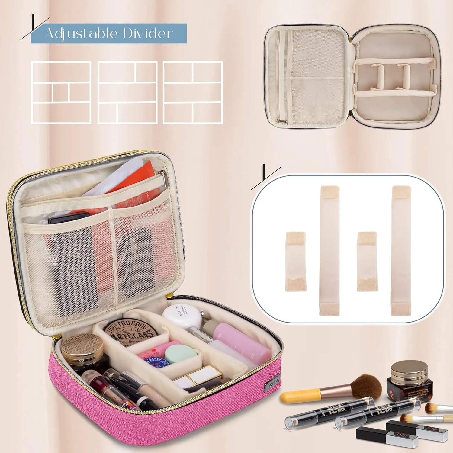 Teamoy Travel Makeup Brush Case, Portable Makeup Brush Organizer Professional Cosmetic Pouch Bag with Handle for Womens Makeup Essentials, Pink
