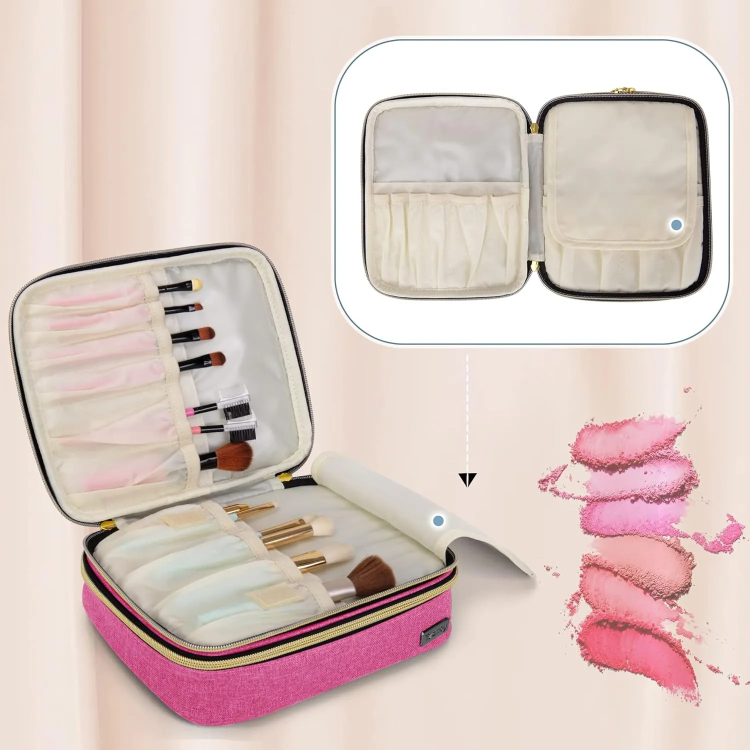 Teamoy Travel Makeup Brush Case, Portable Makeup Brush Organizer Professional Cosmetic Pouch Bag with Handle for Womens Makeup Essentials, Pink