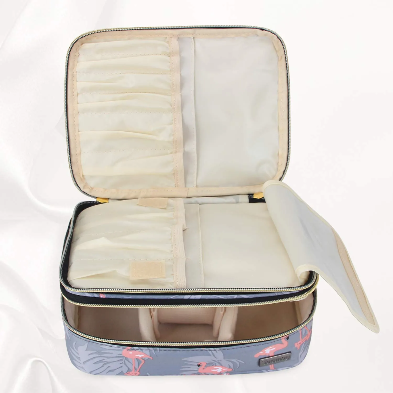 Teamoy Travel Makeup Brush Organizer, Cosmetic Brushes Bag Case with Compartment for Brushes and Beauty Essentials, Flamingo