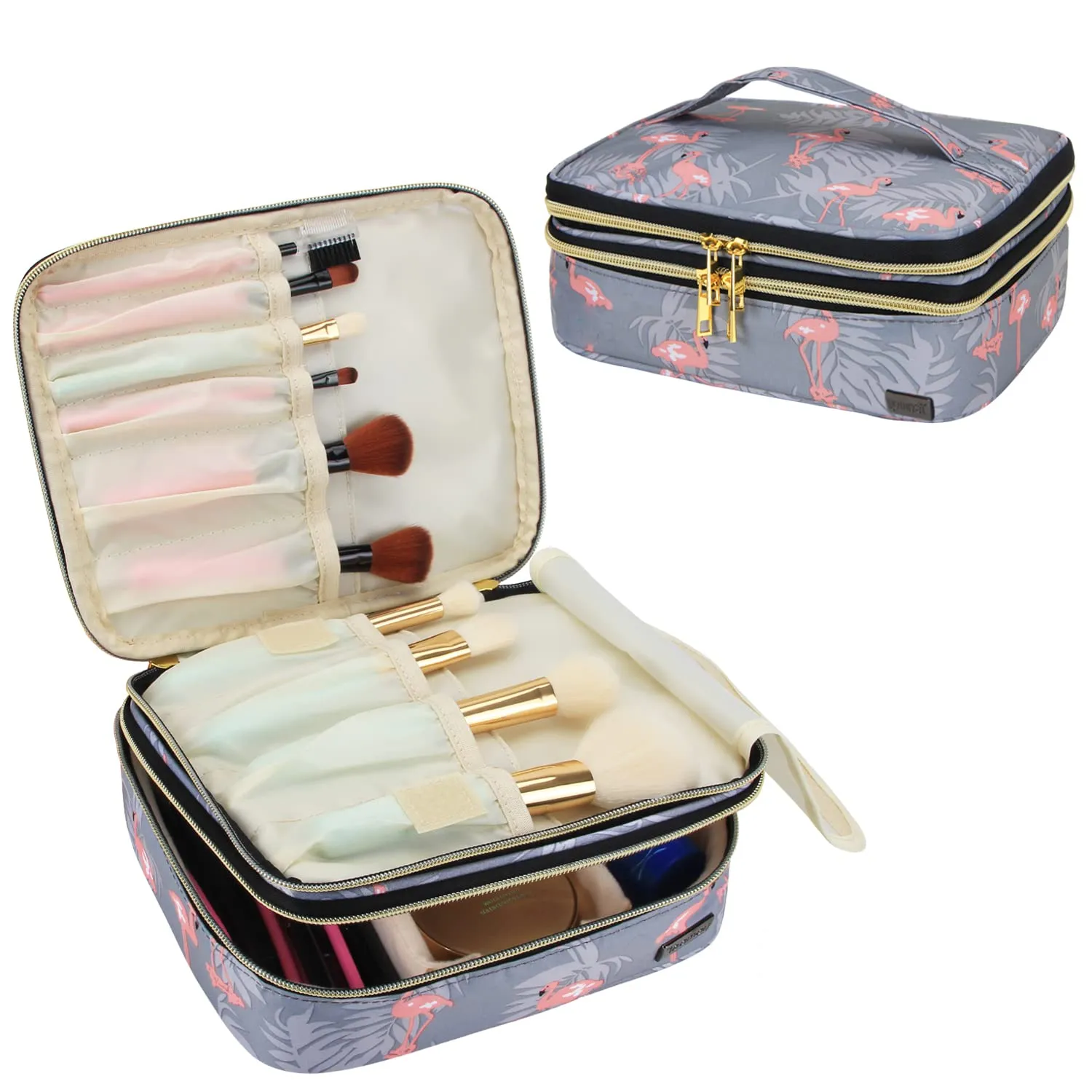 Teamoy Travel Makeup Brush Organizer, Cosmetic Brushes Bag Case with Compartment for Brushes and Beauty Essentials, Flamingo