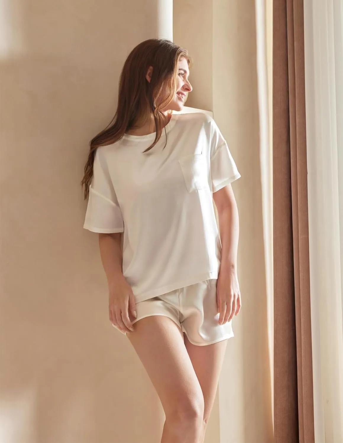 THXSILK 100% Mulberry Silk Women's Pajamas Set, Women's Lingerie Sleep Lounge, 2 Piece Womens Pajama Shorts Silk Pjs