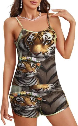 Tiger Pajamas for Women Set Tank Top Pjs And Shorts Sleepwear Loungewear Sets