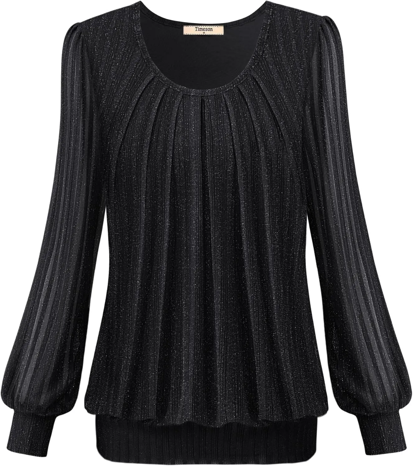 Timeson Women's Long Sleeve Scoop Neck Pleated Front Fitted Blouse Tops