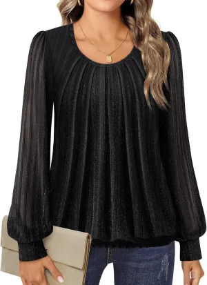 Timeson Women's Long Sleeve Scoop Neck Pleated Front Fitted Blouse Tops