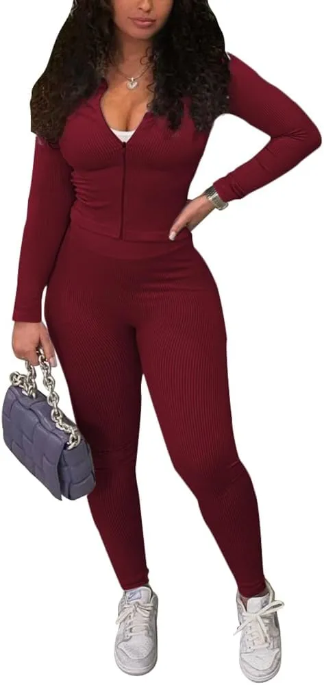 TOPSRANI Womens Two Piece Outfits Bodycon Tracksuit Striped Sweatsuits Ribbed Solid Jogger Workout Lounge Long Pant Sets