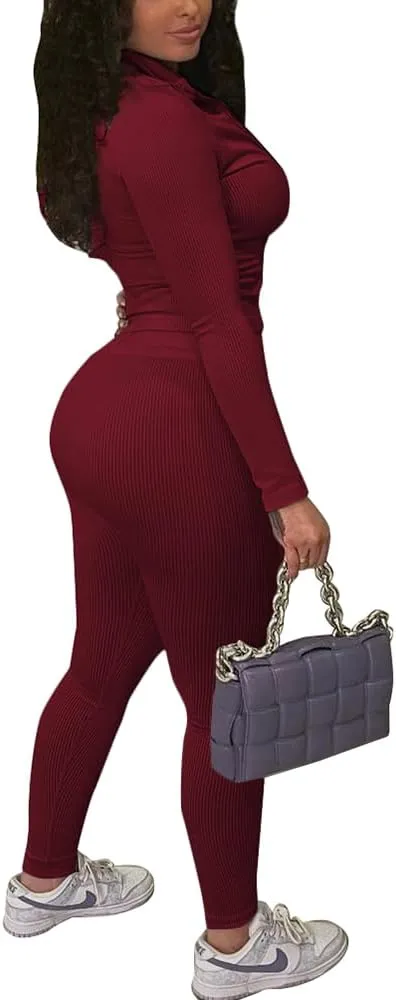 TOPSRANI Womens Two Piece Outfits Bodycon Tracksuit Striped Sweatsuits Ribbed Solid Jogger Workout Lounge Long Pant Sets