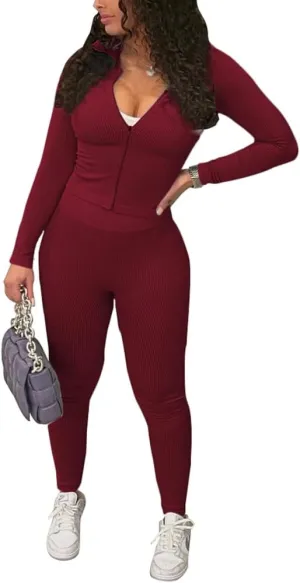 TOPSRANI Womens Two Piece Outfits Bodycon Tracksuit Striped Sweatsuits Ribbed Solid Jogger Workout Lounge Long Pant Sets