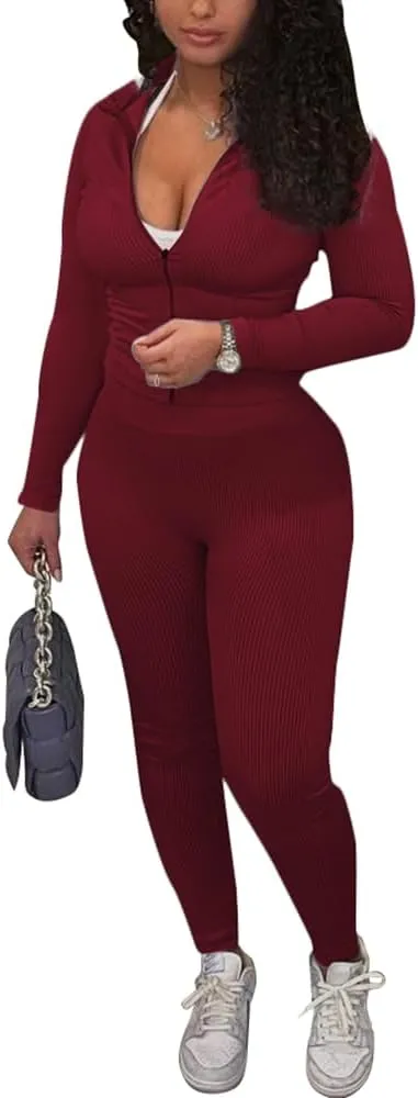 TOPSRANI Womens Two Piece Outfits Bodycon Tracksuit Striped Sweatsuits Ribbed Solid Jogger Workout Lounge Long Pant Sets