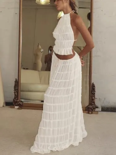 Two Piece Maxi Skirt Sets for Women Backless Halter Beach Lace Up Sleeveless Tank Top Long Skirt Summer Beach Outfits