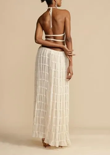 Two Piece Maxi Skirt Sets for Women Backless Halter Beach Lace Up Sleeveless Tank Top Long Skirt Summer Beach Outfits