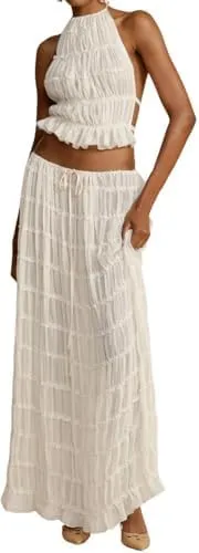 Two Piece Maxi Skirt Sets for Women Backless Halter Beach Lace Up Sleeveless Tank Top Long Skirt Summer Beach Outfits