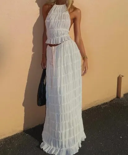 Two Piece Maxi Skirt Sets for Women Backless Halter Beach Lace Up Sleeveless Tank Top Long Skirt Summer Beach Outfits