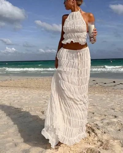 Two Piece Maxi Skirt Sets for Women Backless Halter Beach Lace Up Sleeveless Tank Top Long Skirt Summer Beach Outfits