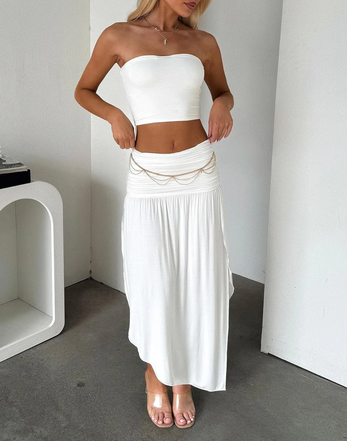 Two Piece Skirt Set for Women - 2 PC Summer Beach Vacation Outfits Going Out Strapless Tube Crop Tops Boho Maxi Skirts Sets