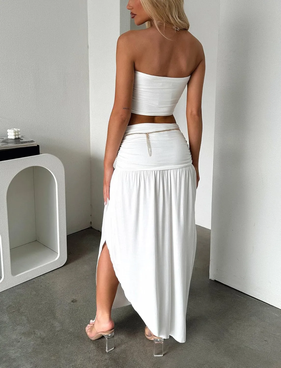 Two Piece Skirt Set for Women - 2 PC Summer Beach Vacation Outfits Going Out Strapless Tube Crop Tops Boho Maxi Skirts Sets