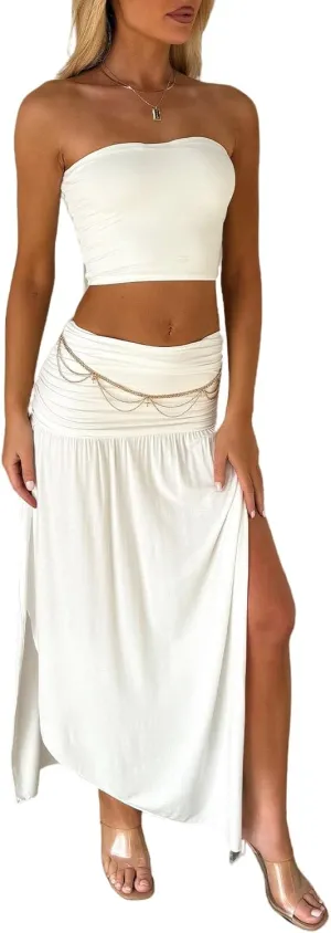 Two Piece Skirt Set for Women - 2 PC Summer Beach Vacation Outfits Going Out Strapless Tube Crop Tops Boho Maxi Skirts Sets