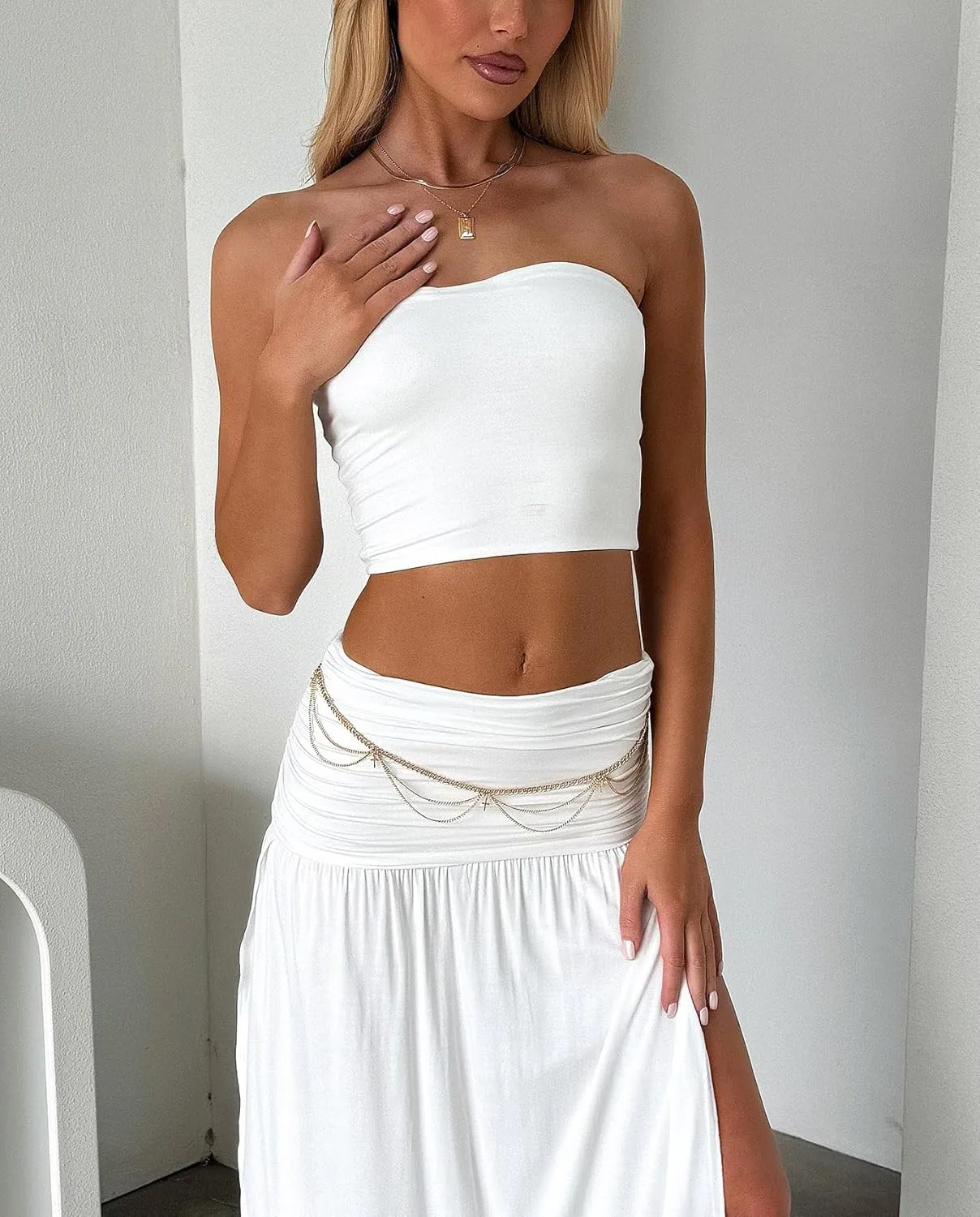 Two Piece Skirt Set for Women - 2 PC Summer Beach Vacation Outfits Going Out Strapless Tube Crop Tops Boho Maxi Skirts Sets