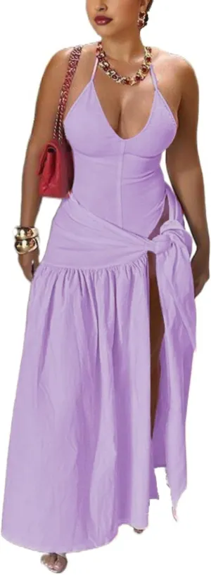 Two Piece Skirt Set Women Sexy Halter Backless Bodysuit and Wrap Tied High Split Summer Maxi Skirt Set