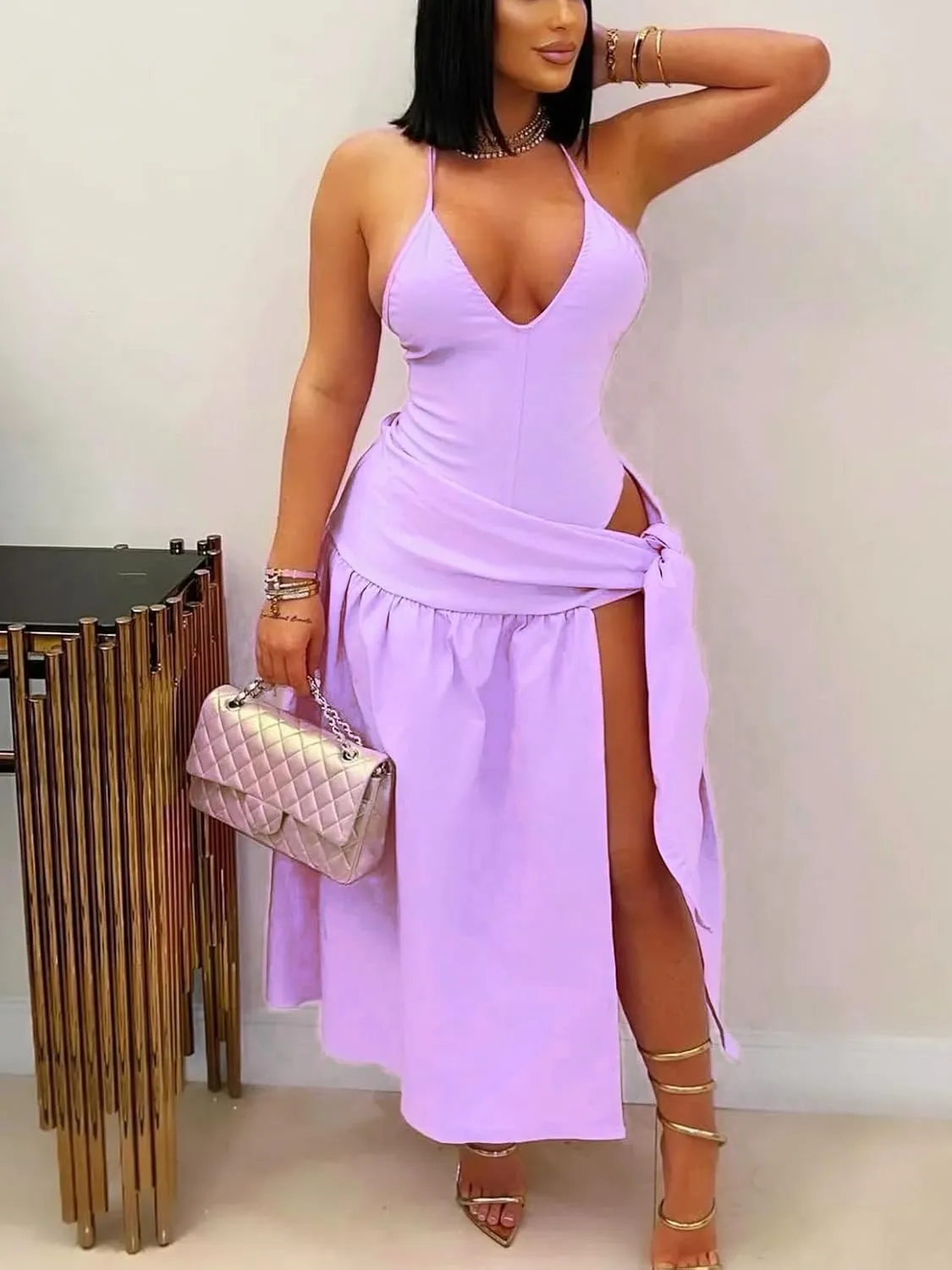 Two Piece Skirt Set Women Sexy Halter Backless Bodysuit and Wrap Tied High Split Summer Maxi Skirt Set