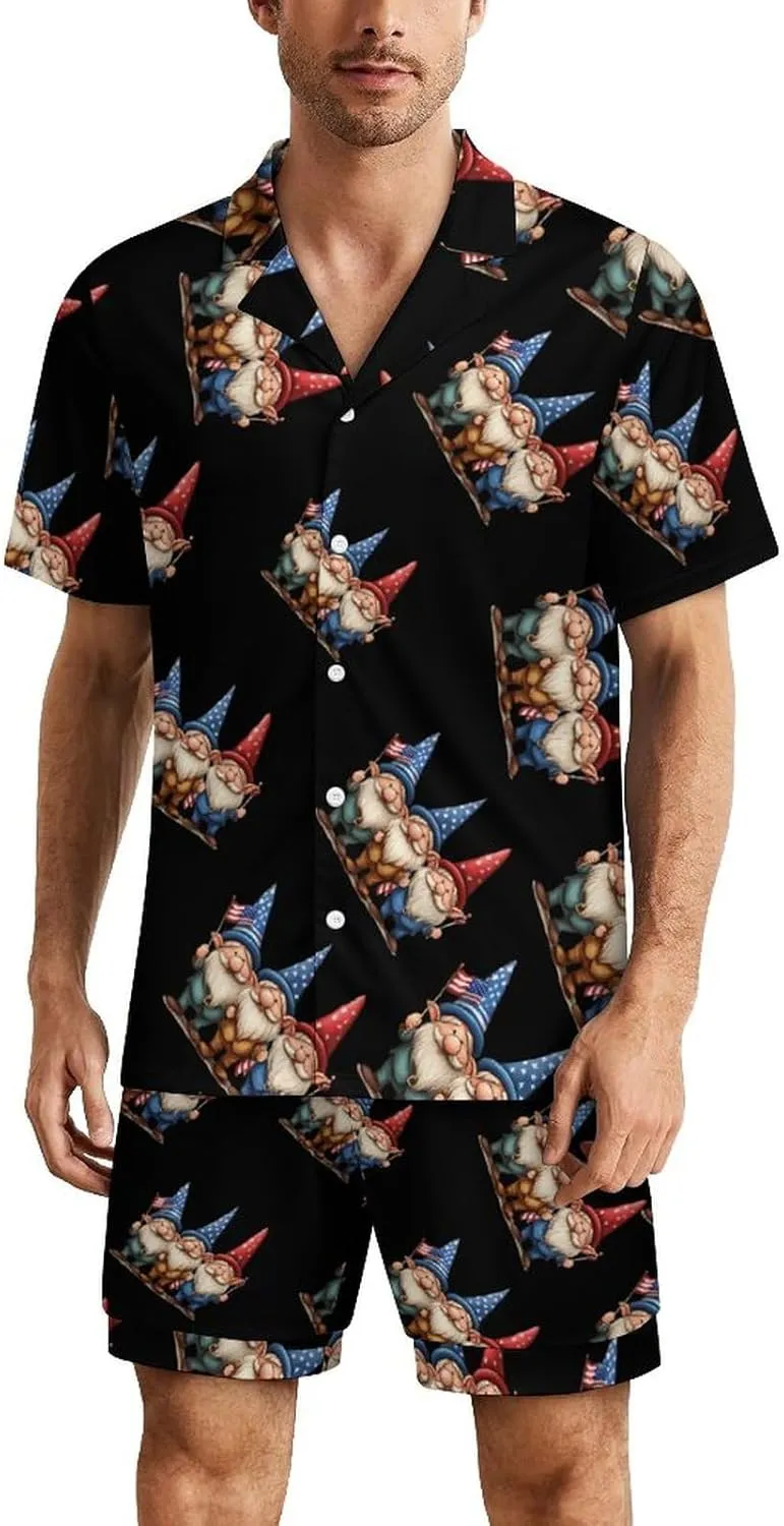 U.S Flag Gnomes Mens Pajamas Set Short Sleeve Shirt And Shorts Sleepwear PJ Sets Loungewear