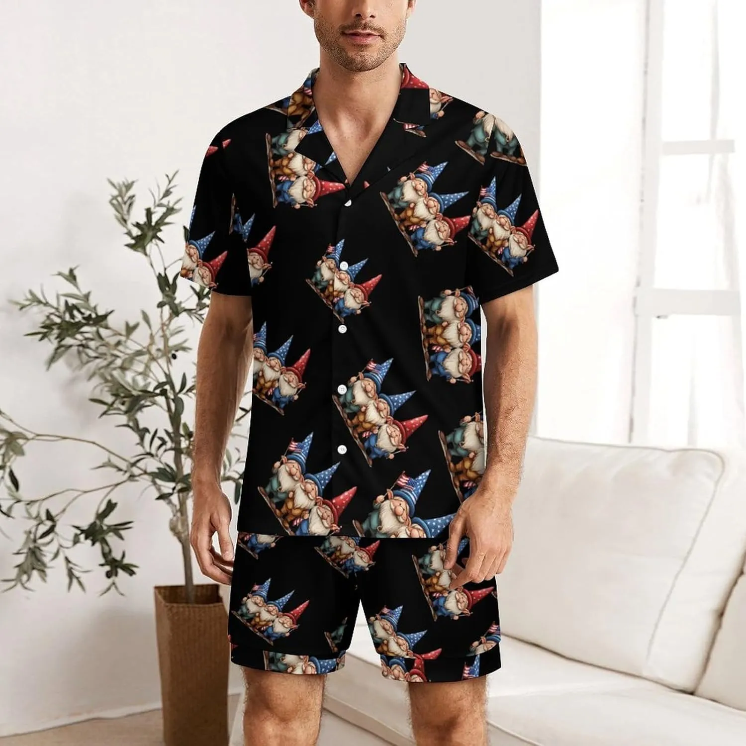 U.S Flag Gnomes Mens Pajamas Set Short Sleeve Shirt And Shorts Sleepwear PJ Sets Loungewear