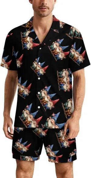 U.S Flag Gnomes Mens Pajamas Set Short Sleeve Shirt And Shorts Sleepwear PJ Sets Loungewear
