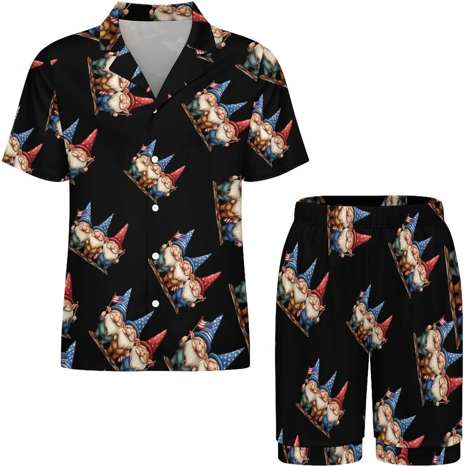 U.S Flag Gnomes Mens Pajamas Set Short Sleeve Shirt And Shorts Sleepwear PJ Sets Loungewear