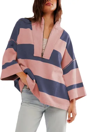 utcoco Oversized Sweatshirt for Women Striped Half Zip Long Sleeve Shirts Hoodies Color Block Preppy Y2K Tops